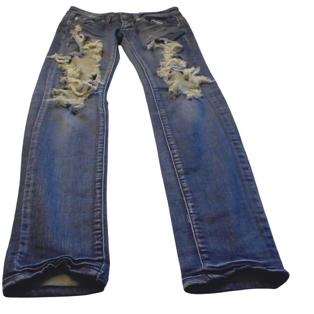 MACHINE Dark Wash Low Rise Distressed Skinny Jeans‎ Shredded Knee Denim 26x31